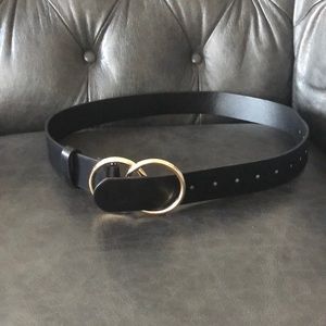 Black faux leather belt with gold finish